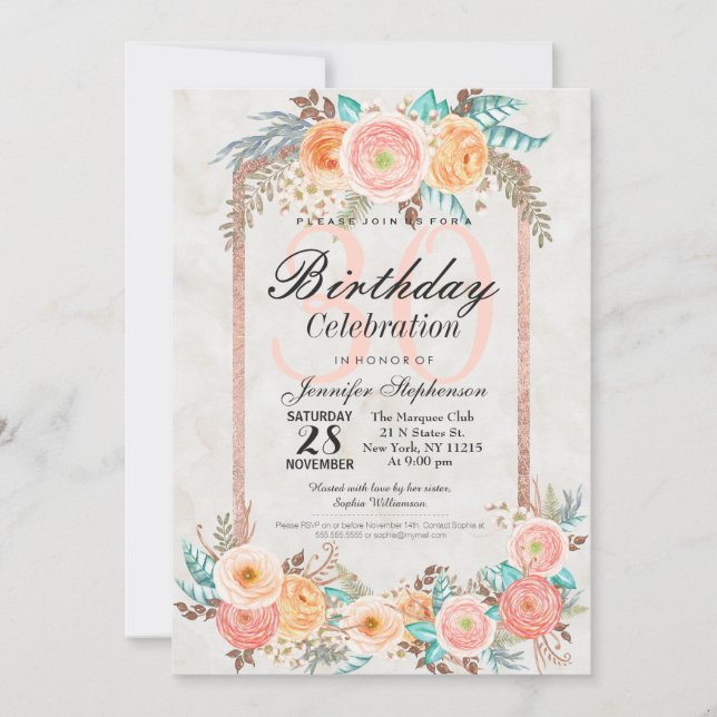 Invitación Flores de acuarela de coral y fiesta de cumpleaños (Anverso)