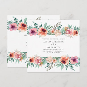 Invitación Flores de acuarela de melocotón y rosa para boda m