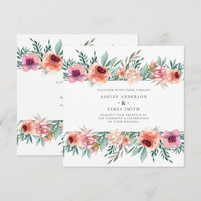 Invitación Flores de acuarela de melocotón y rosa para boda m (Anverso / Reverso)