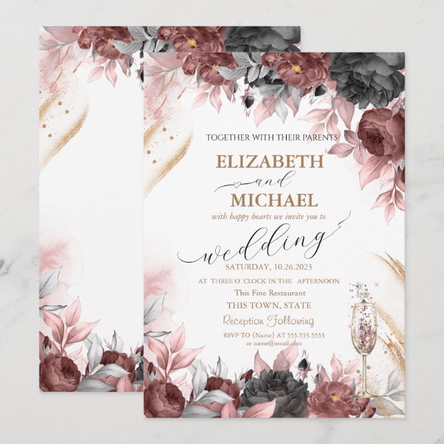 Invitación Flores de acuarela de otoño Boda de vidrio de cham (Anverso / Reverso)