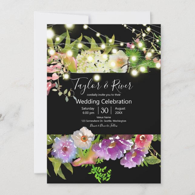 Invitación Flores de Acuarela de Verano con Luces de Cadena (Anverso)