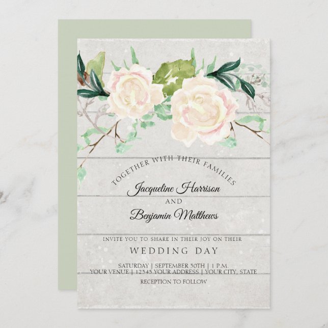 Invitación Flores de Acuarela Elegantes Florales Marfil Rústi (Anverso / Reverso)