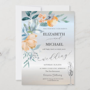 Invitación Flores de Acuarela en Azul Polvoriento Copa de Vin