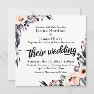 Invitación Flores de Acuarela en Negrita y Escritura "Su Boda