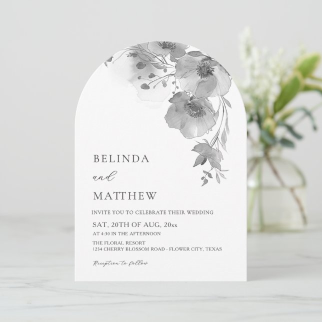 Invitación Flores de Acuarela Gris Boda Arqueada Blanca (Anverso de pie)