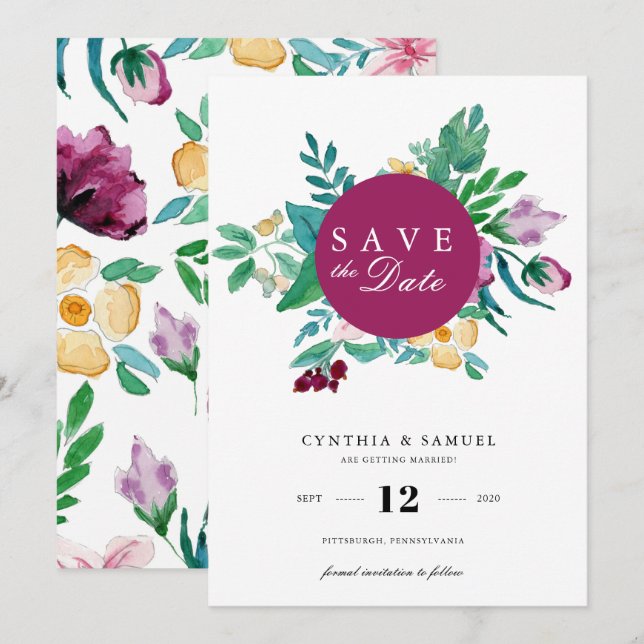 Invitación Flores de Acuarela Moderna Guarden la Fecha (Anverso / Reverso)
