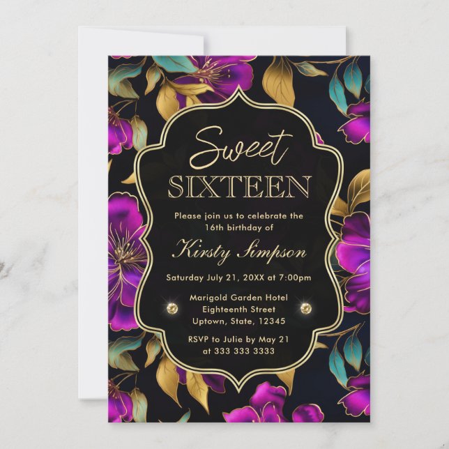 Invitación Flores de Acuarela Moradas y Turquesa Cumple Dulce (Anverso)