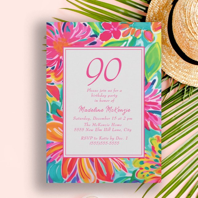 Invitación Flores de Acuarela Naranja Rosa Caliente Cumpleaño (Hot pink and orange tropical leaves 90th birthday party invitation for women.)