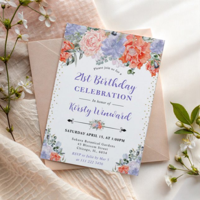 Invitación Flores de Acuarela Naranja y Morado Cumpleaños 21 (Subido por el creador)
