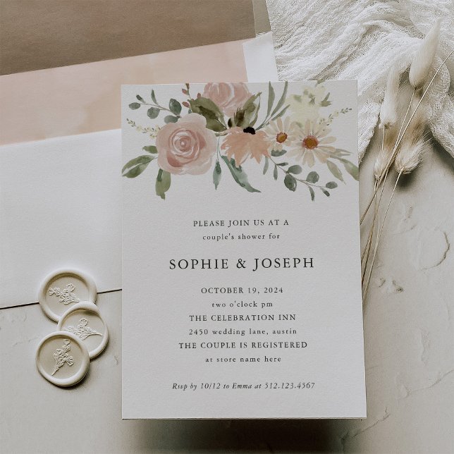 Invitación Flores de acuarela neutra simples | Ducha de parej (Subido por el creador)