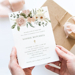 Invitación Flores de acuarela neutra simples Primera Comunión