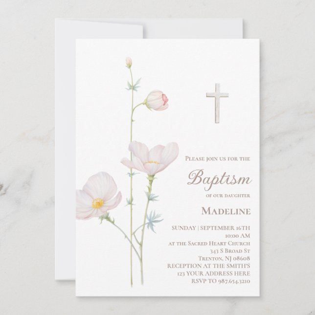 Invitación flores de acuarela niña Bautizo  (Anverso)
