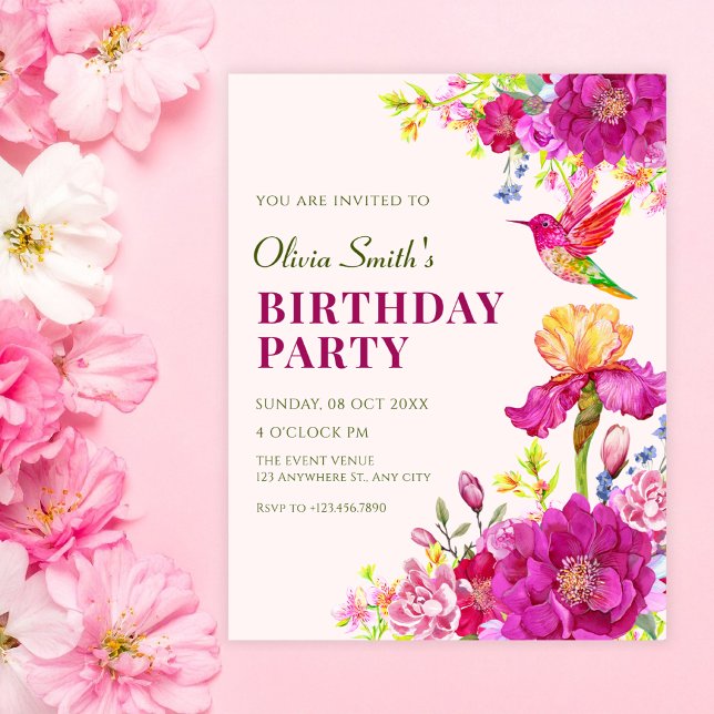 Invitación Flores de acuarela pájaro cumpleaños (Subido por el creador)
