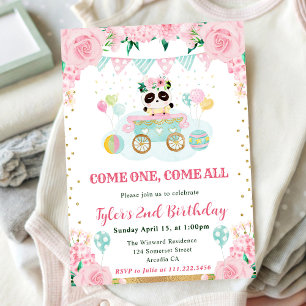 Invitación Flores de Acuarela Panda Cumpleaños Niños Rosa