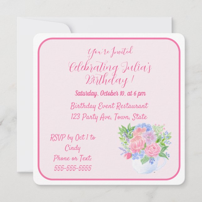 Invitación Flores de Acuarela Pintadas a Mano FELIZ CUMPLEAÑO (Anverso)