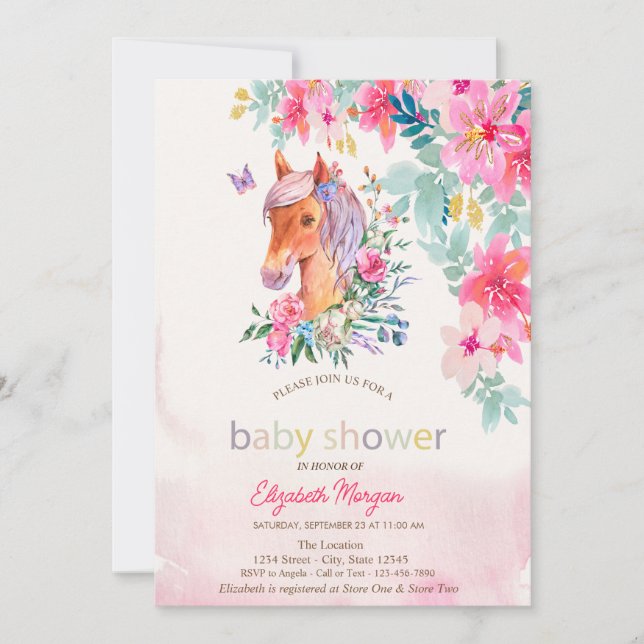 Invitación Flores de Acuarela  Póquer de Caballo Fiesta de Be (Anverso)
