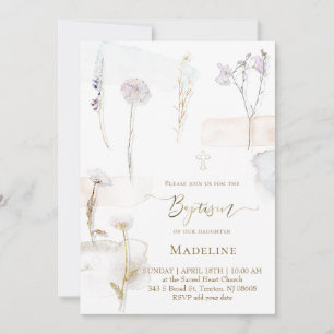 Invitación flores de acuarela prensadas Bautismo