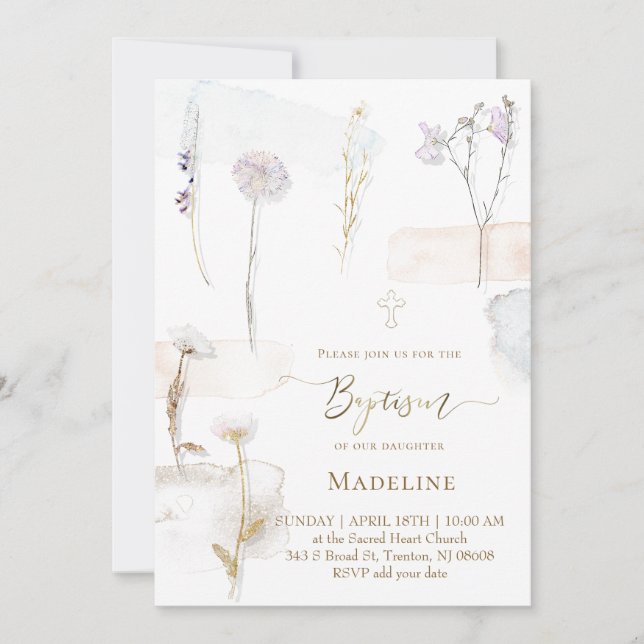 Invitación flores de acuarela prensadas Bautismo (Anverso)