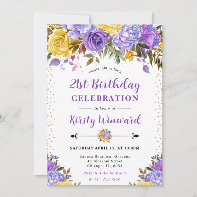 Invitación Flores de acuarela púrpura y amarillo Cumpleaños 2 (Anverso)