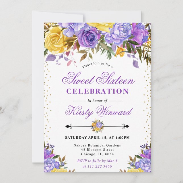 Invitación Flores de acuarela púrpura y amarillo Dulces 16 (Anverso)