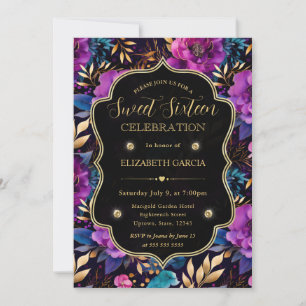Invitación Flores de acuarela púrpura y doradas Sweet 16