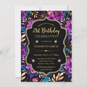 Invitación Flores de acuarela púrpura y dorado Cumpleaños 21