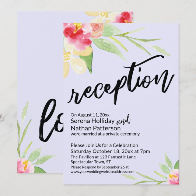 Invitación Flores de Acuarela & Recepción Casual Lavanda (Anverso / Reverso)