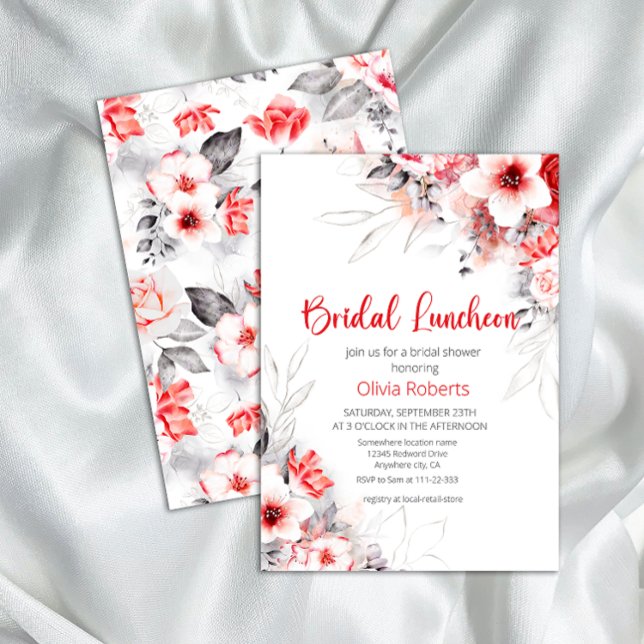 Invitación Flores de acuarela roja y gris Noche de Novias (Subido por el creador)