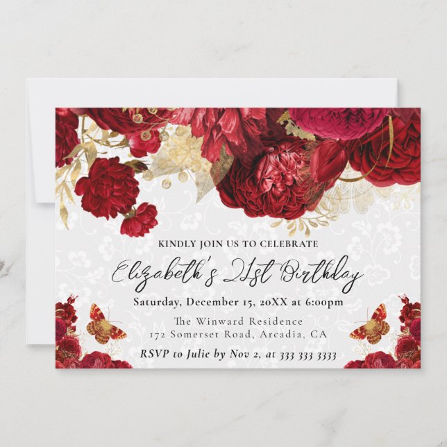 Invitación Flores de acuarela rojas y doradas Cumpleaños 21 (Anverso)