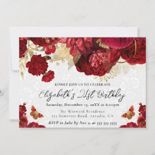 Invitación Flores de acuarela rojas y doradas Cumpleaños 21