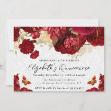 Flores de acuarela rojas y doradas Quinceañera