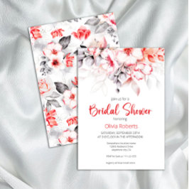 Invitación Flores de acuarela rojas y grises Ducha de novia