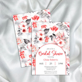 Invitación Flores de acuarela rojas y grises Ducha de novia