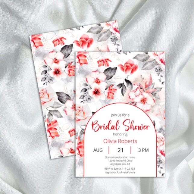Invitación Flores de acuarela rojas y grises Ducha de novia (Subido por el creador)