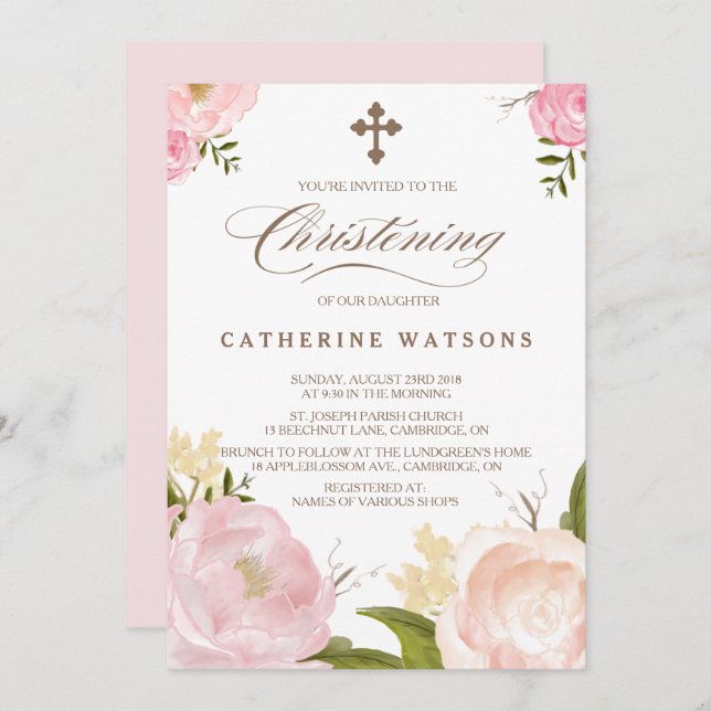 Invitación Flores de acuarela románticas y cristianismo cruza (Anverso / Reverso)