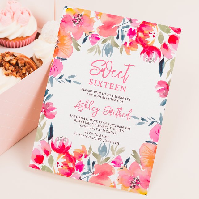 Invitación Flores de acuarela rosa bohemia Dulce por 16 años (Bohemian pink watercolor flowers Sweet 16 birthday Invitation)