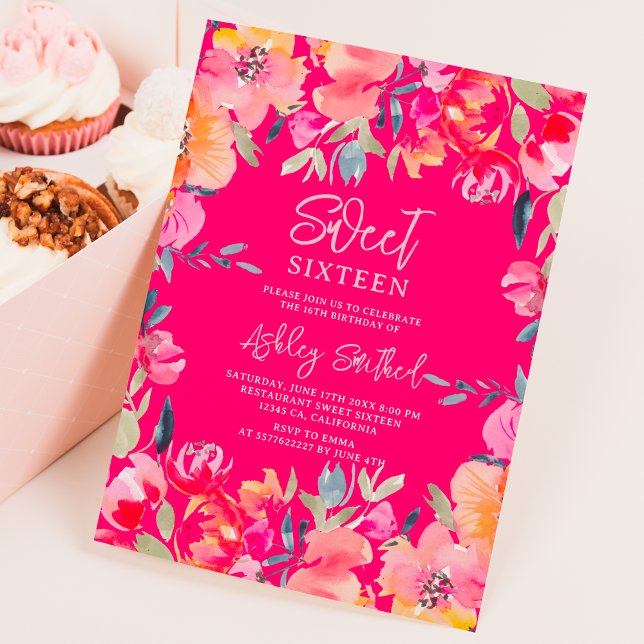 Invitación Flores de acuarela rosa bohemia Dulce por 16 años (Bohemian pink watercolor flowers Sweet 16 birthday Invitation on neon pink)