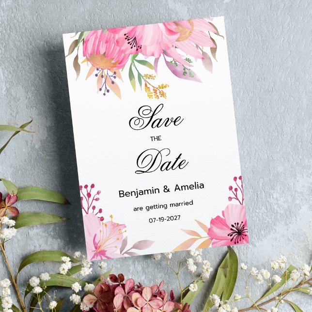Invitación Flores de acuarela rosa botánico Guardar la fecha (Botanic pink watercolor flowers Save the Date)