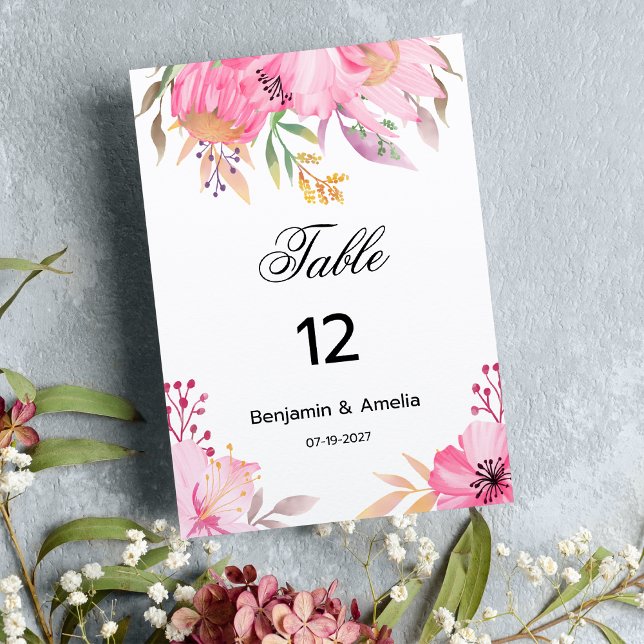 Invitación Flores de acuarela rosa botánico Números de tabla (Botanic pink watercolor flowers Table Numbers)