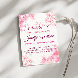 Invitación Flores de Acuarela Rosa Cumpleaños Veinte