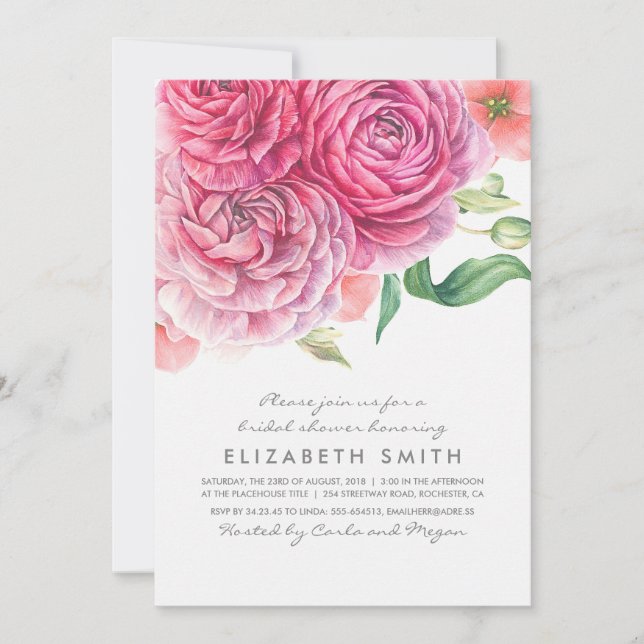 Invitación Flores de acuarela rosa Ducha Nupcial Botánica (Anverso)