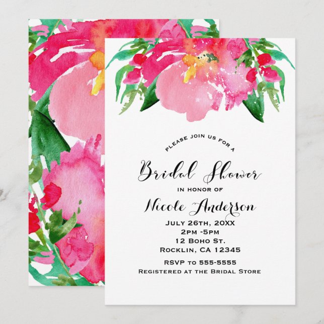 Invitación Flores de Acuarela Rosa Flores Florales Despedida  (Anverso / Reverso)