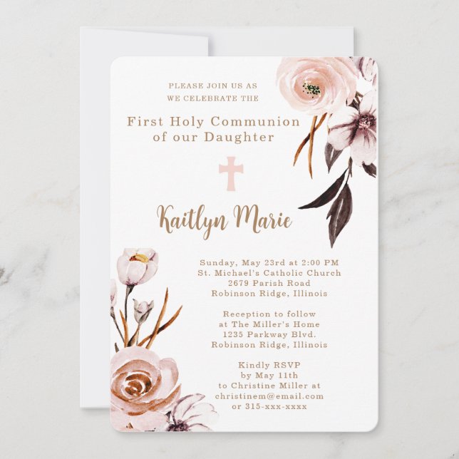 Invitación Flores de acuarela rosa Hija Primera Comunión (Anverso)