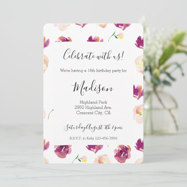 Invitación Flores de acuarela rosa melocotón borgoña (Anverso de pie)