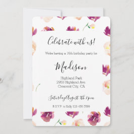 Invitación Flores de acuarela rosa melocotón borgoña