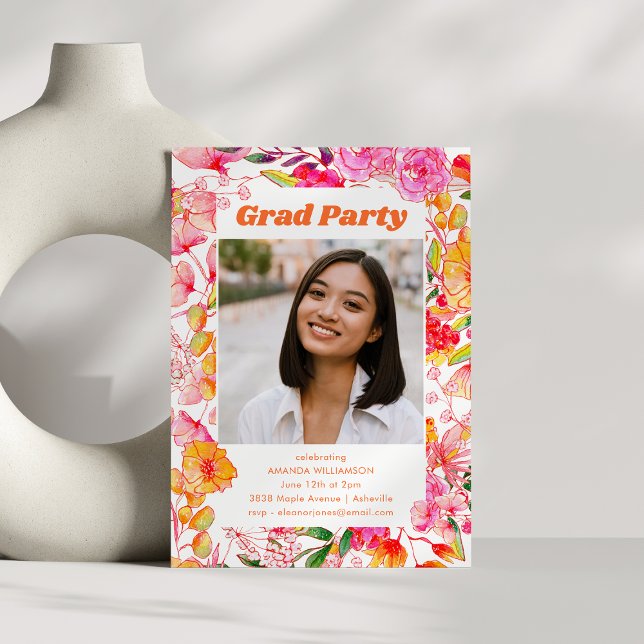 Invitación Flores de Acuarela Rosa Naranja Fiesta de Graduaci (Subido por el creador)