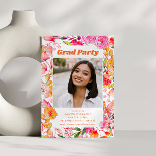 Invitación Flores de Acuarela Rosa Naranja Fiesta de Graduaci