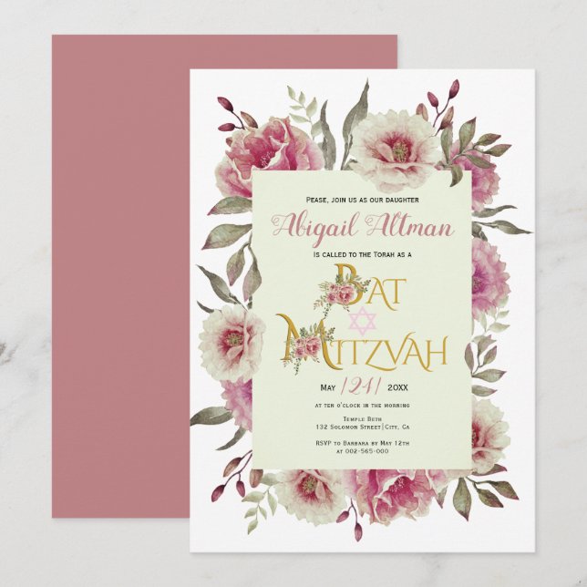 Invitación Flores de acuarela rosa turbia floral Bat Mitzvah (Anverso / Reverso)