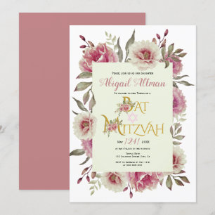 Invitación Flores de acuarela rosa turbia floral Bat Mitzvah