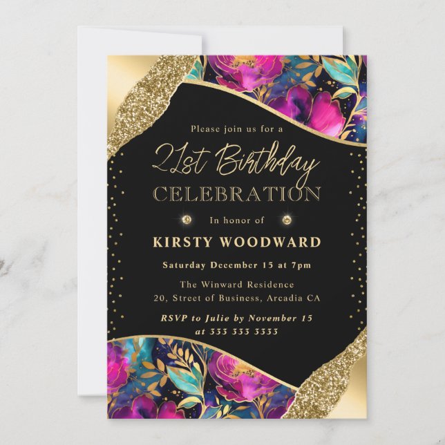 Invitación Flores de acuarela rosa y azul marino Cumpleaños 2 (Anverso)